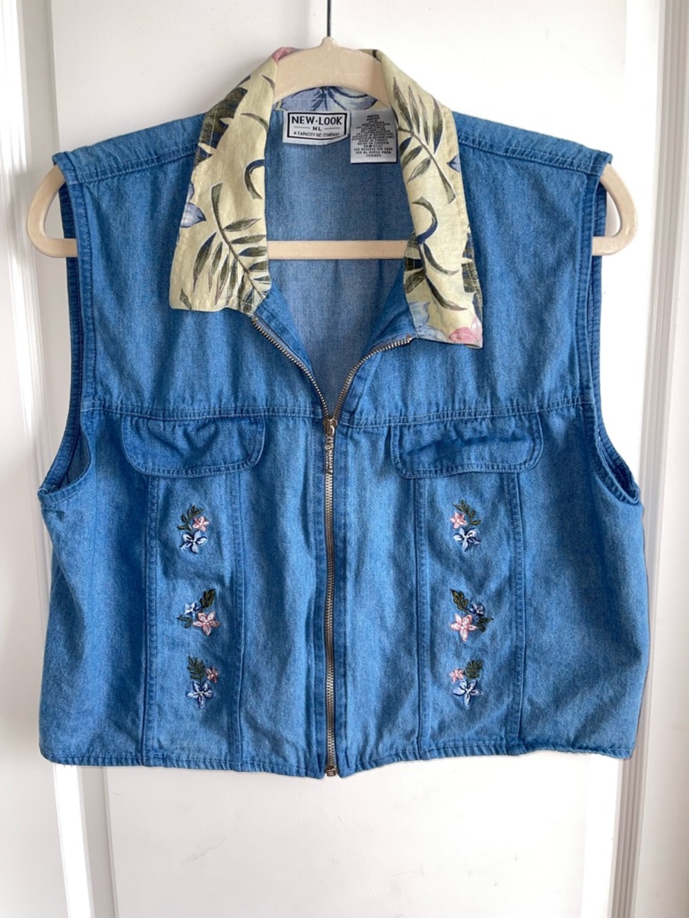 New-Look Denim Vest Floral Embroidered Zip Front Cottagecore Y2K Medium